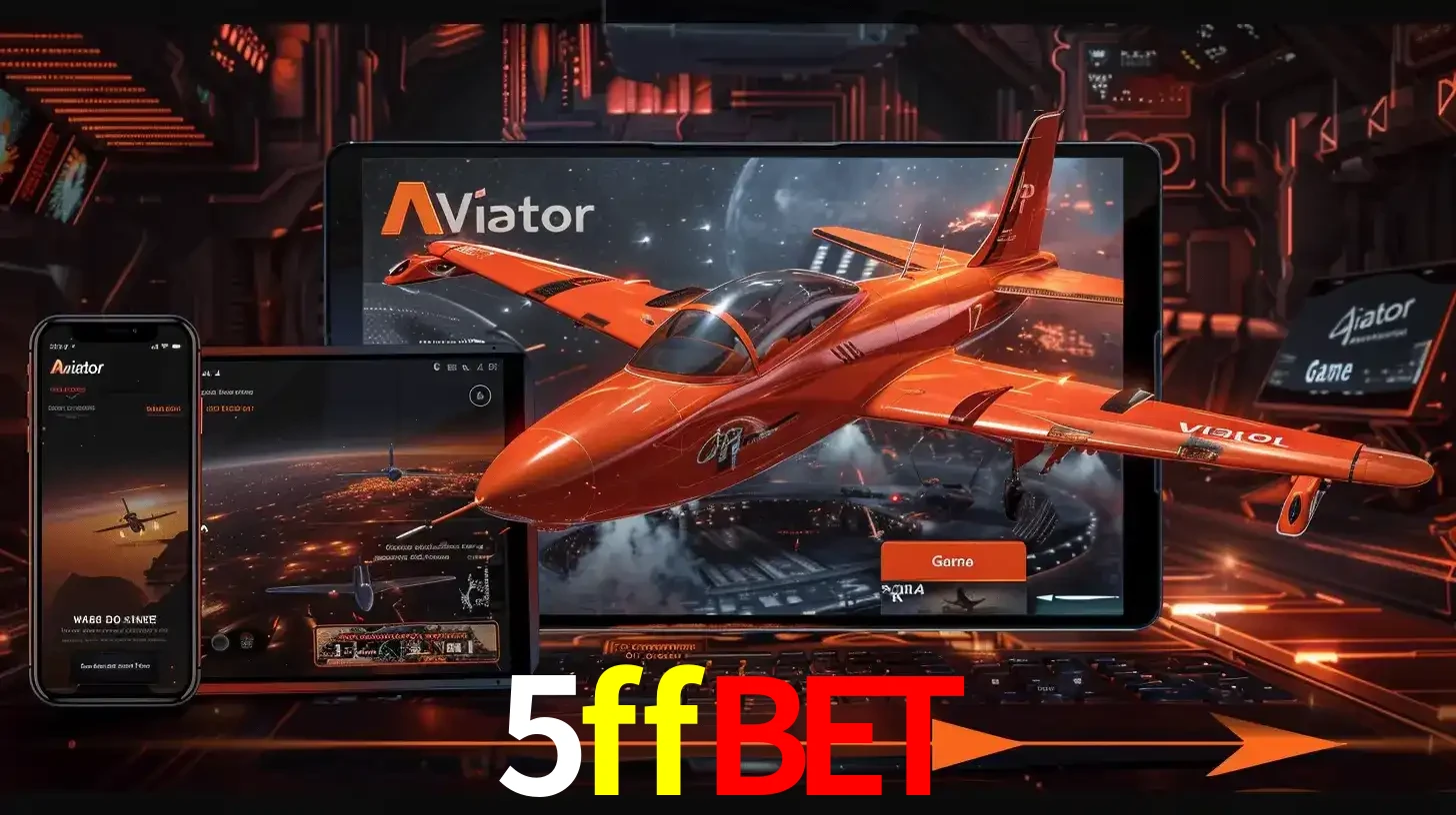 Apresentação tecnológica do jogo Aviator com um avião saindo da tela de um tablet, demonstrando a experiência imersiva em múltiplos dispositivos no 5ffbet.