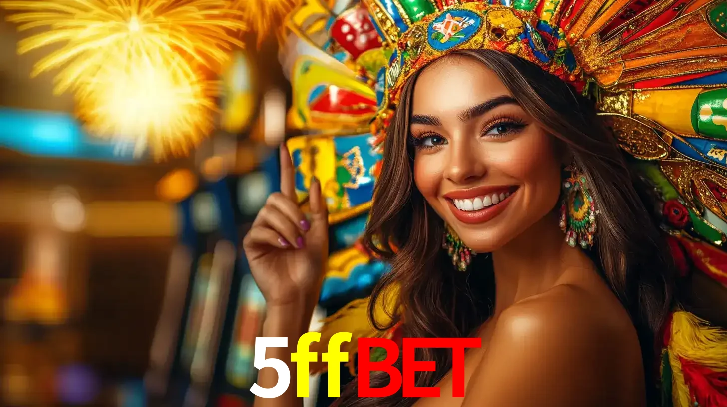 Mulher sorridente com um cocar de carnaval vibrante e colorido, celebrando uma grande vitória nos jogos do cassino 5ffbet com fogos de artifício ao fundo.