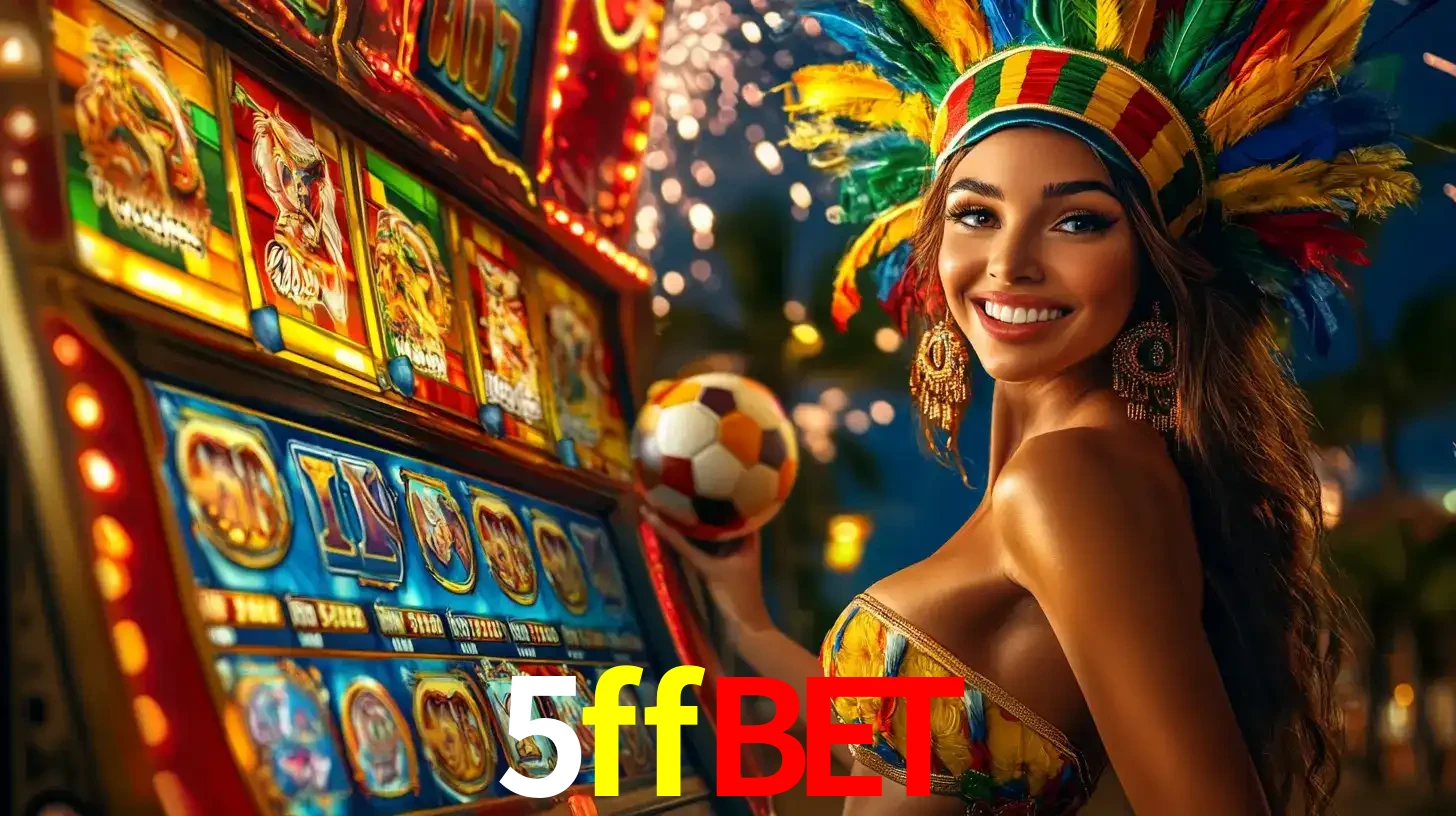 Mulher com um cocar de carnaval ao lado de uma máquina de caça-níqueis enquanto segura uma bola de futebol, mostrando a união da diversão de cassino e esportes no 5ffbet.