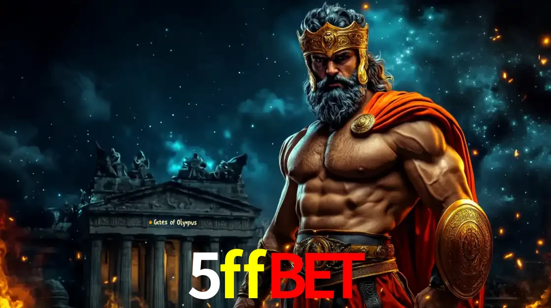 O poderoso Zeus do jogo de slot Gates of Olympus em frente ao seu templo, pronto para lançar multiplicadores divinos e prêmios épicos no cassino online 5ffbet.