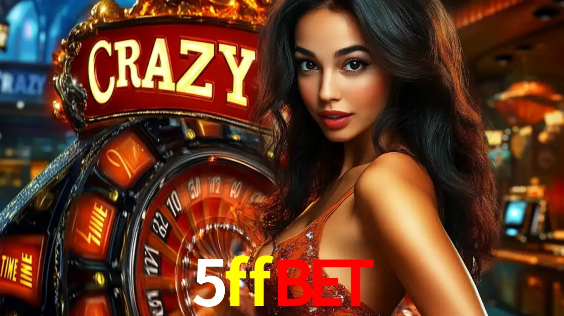 Mulher glamourosa olhando para a câmera com a roda vermelha do Crazy Time ao fundo em um ambiente de cassino, destacando a emoção dos jogos ao vivo no 5ffbet.