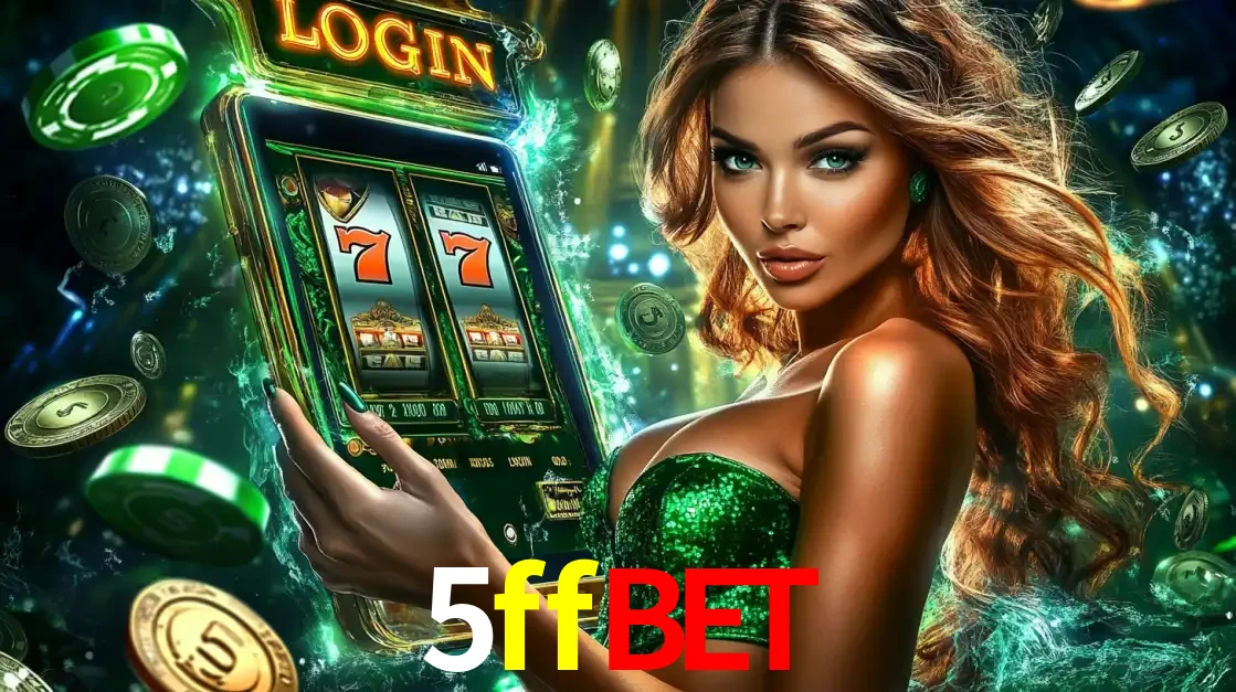 Mulher com tema verde apresentando o aplicativo do cassino 5ffbet com um jogo de slot de 777, cercada por fichas de cassino e uma aura de sorte.