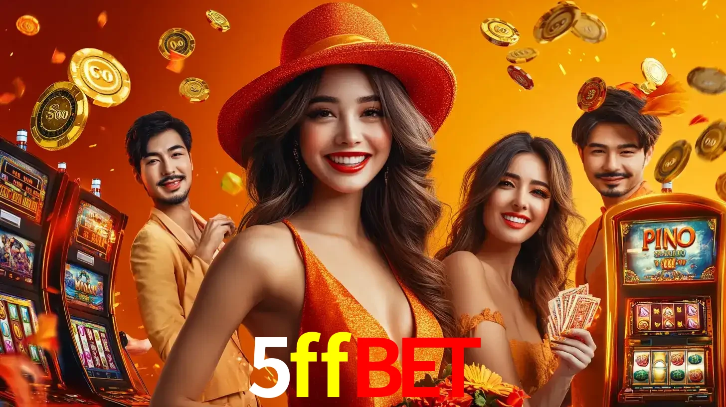 Grupo de amigos asiáticos sorrindo e se divertindo com máquinas de caça-níqueis em um ambiente festivo, celebrando suas vitórias nos jogos de cassino do 5ffbet.