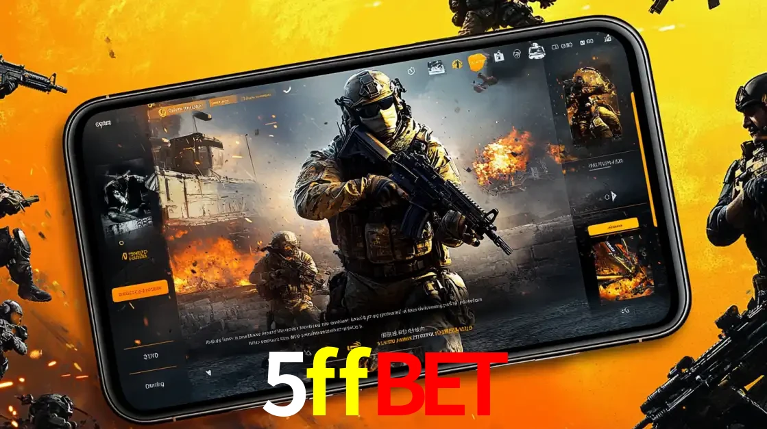 Um smartphone exibindo a interface de um jogo de tiro em primeira pessoa, com um soldado em um cenário de batalha, representando a ação dos e-sports para apostar no 5ffbet.