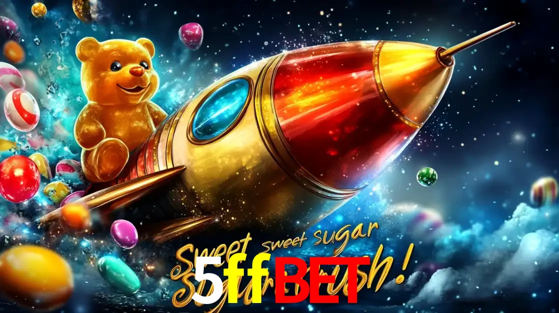 Arte promocional do jogo de slot Sugar Rush, com um urso de pelúcia em um foguete viajando pelo espaço de doces, um dos jogos divertidos disponíveis no cassino 5ffbet.