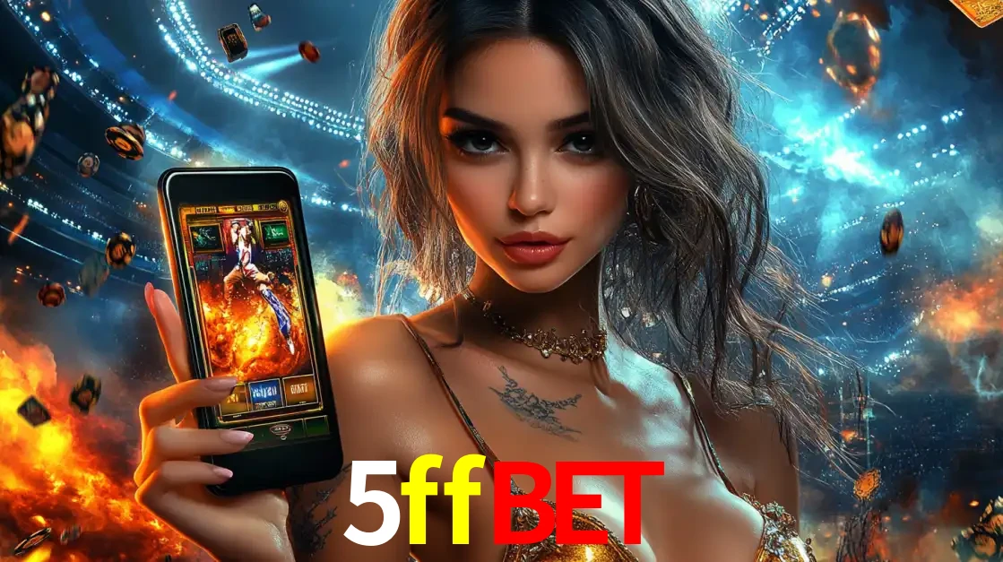 Mulher segurando um celular com um jogo de slot em destaque, tendo como fundo um estádio vibrante, simbolizando a emoção de jogar no cassino móvel 5ffbet.