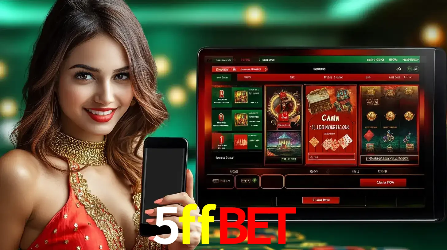Mulher sorridente segurando um smartphone, ao lado de uma tela exibindo o lobby de jogos do cassino online 5ffbet, com várias opções de jogos de cartas e slots.